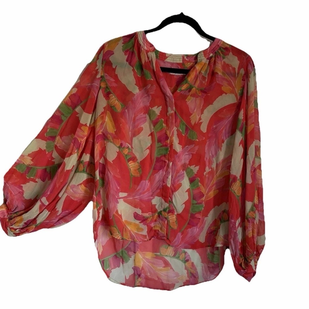 Chico's Blouse Womens 10 Floral Sheer Balloon Sleeve High Low Tunic Tropical